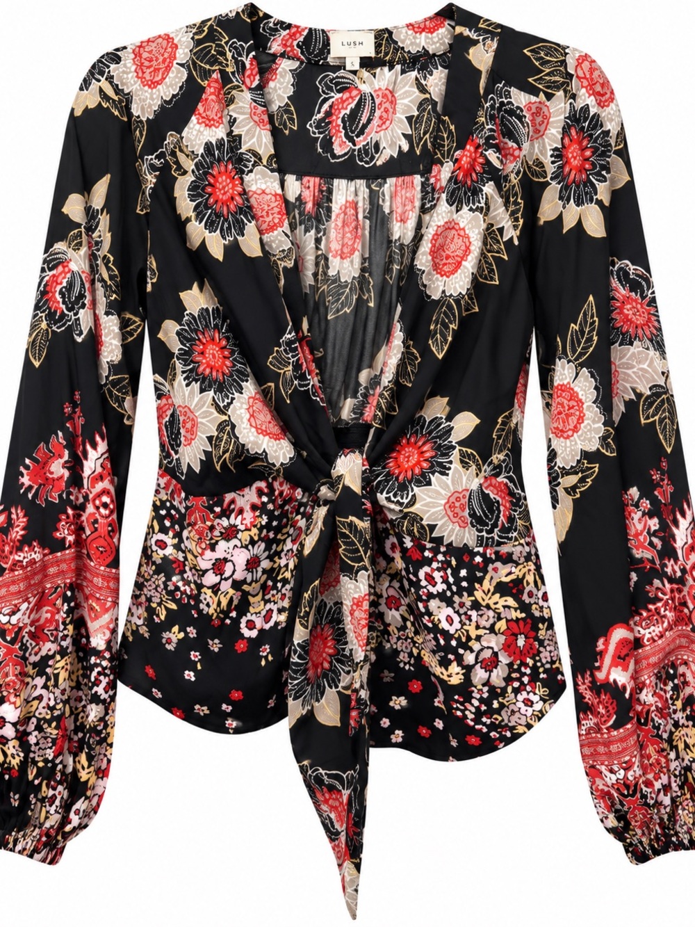 Free People Black Red & Cream Floral Tie-Front Blouse